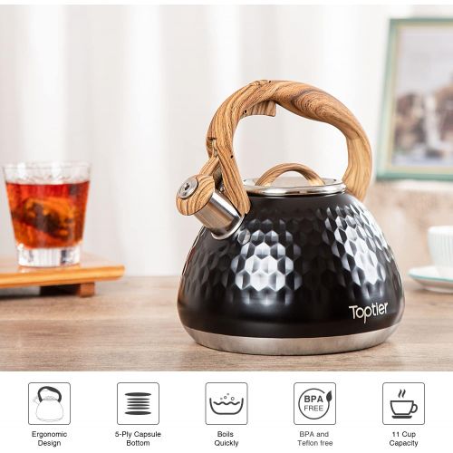  Tea Kettle, Toptier Teapot Whistling Kettle with Wood Pattern Handle Loud Whistle, Food Grade Stainless Steel Tea Pot for Stovetops Induction Diamond Design Water Kettle, 2.7 Quart
