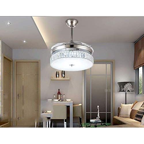  Torero X 36 Inches Crystal Dimmable Ceiling Fan Light,Modern Indoor Remote Control LED Pendant Light Metal Luxury Invisible Ceiling Chandelier Lighting Silver