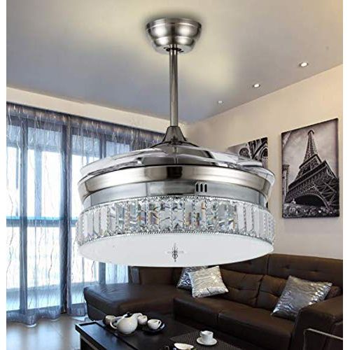  Torero X 36 Inches Crystal Dimmable Ceiling Fan Light,Modern Indoor Remote Control LED Pendant Light Metal Luxury Invisible Ceiling Chandelier Lighting Silver