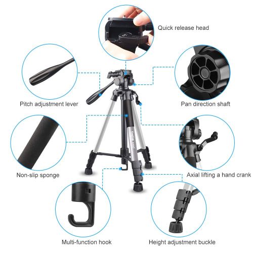  Torjim 60” Camera Tripod with Carry Bag, Lightweight Travel Aluminum Professional Tripod Stand (5kg/11lb Load) with Bluetooth Remote for DSLR SLR Cameras Compatible with iPhone & A