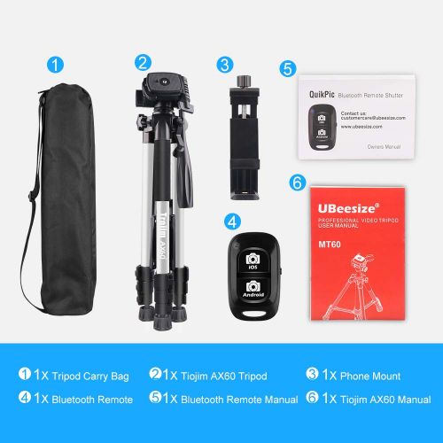  Torjim 60” Camera Tripod with Carry Bag, Lightweight Travel Aluminum Professional Tripod Stand (5kg/11lb Load) with Bluetooth Remote for DSLR SLR Cameras Compatible with iPhone & A