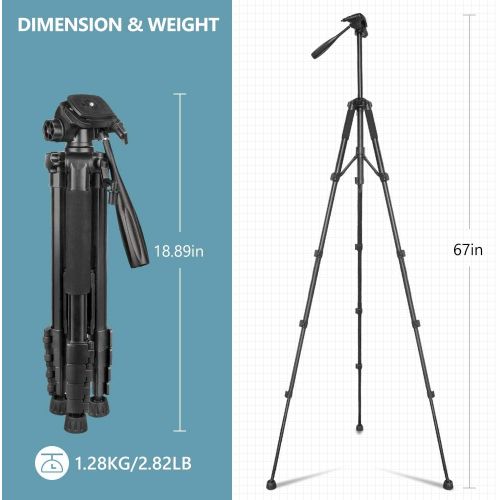  67 Camera Tripod Stand, Torjim (13 lbs/6kg Loads) Aluminum Travel Tripod with Carry Bag for Canon, DSRL, SRL, Phone Tripod Mount with Wireless Remote Control for Live Streaming, Wo