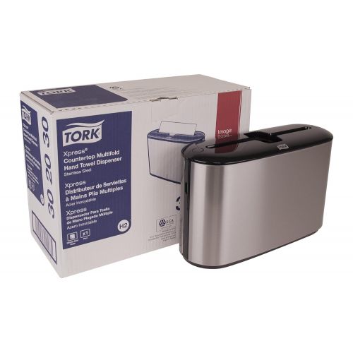  Tork 302030 Xpress Countertop Multifold Hand Towel Dispenser, Plastic, 7.92 Height x 12.68 Width x 4.56 Depth, Stainless Steel, Use with Tork MB550A, MB640, MB540A, H2H23