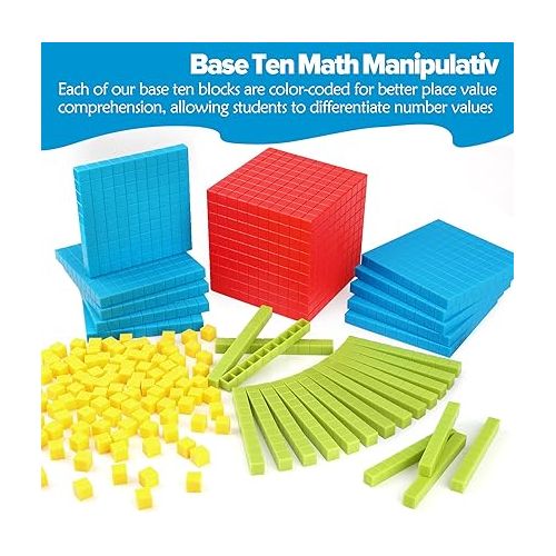  131 PCS Base Ten Blocks for Math - Place Value Blocks, Plastic Base 10 Math Manipulatives 1st Grade, Math Counters, Number Blocks, Math Cubes, Counting Cubes for Kids Math (Upgraded Version)