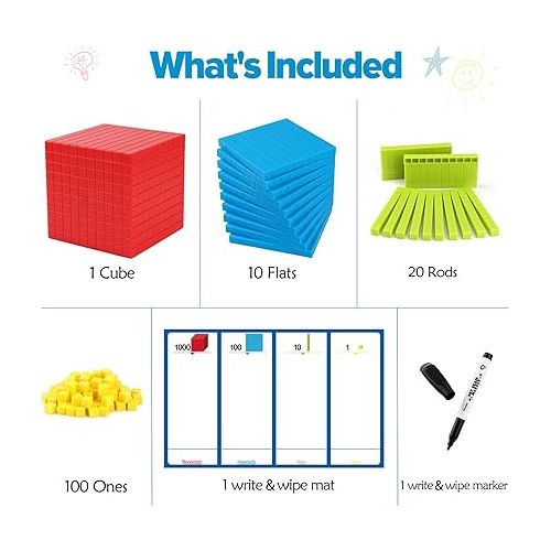  131 PCS Base Ten Blocks for Math - Place Value Blocks, Plastic Base 10 Math Manipulatives 1st Grade, Math Counters, Number Blocks, Math Cubes, Counting Cubes for Kids Math (Upgraded Version)