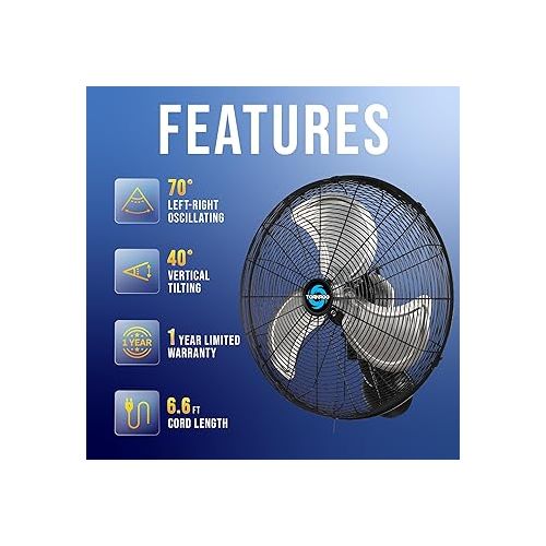  Tornado 20 Inch Pro Series High Velocity Oscillating Wall Mount Fan For Industrial, Commercial, Residential Use 3 Speed 5250 CFM UL Safety Listed