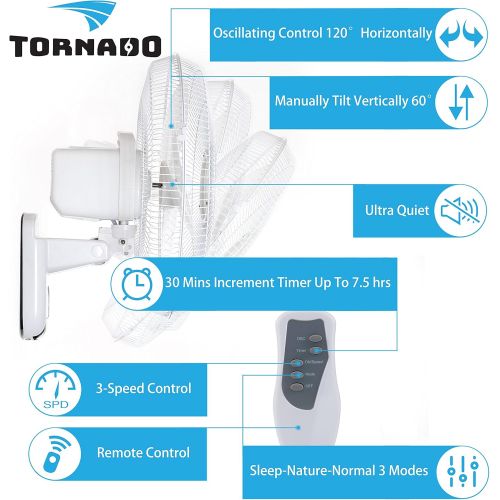  2 Pack - Tornado 16 Inch Digital Wall Mount Fan - Remote Control Included - 3 Speed Settings - 3 Oscillating Settings - 65 Inches Power Cord - ETL Safety Listed