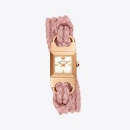 Tory Burch DOUBLE T LINK BRAIDED WATCH, PINK LEATHERROSE GOLD-TONE, 18 MM