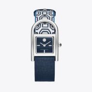 Tory Burch THAYER WATCH, NAVY LEATHER/STAINLESS STEEL, 25 x 39 MM