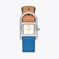 Tory Burch THAYER WATCH, BEIGE & BLUE LEATHER/STAINLESS STEEL, 25 x 39 MM