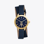 Tory Burch COLLINS WATCH DOUBLE-WRAP, NAVY/GOLD LEATHER/STAINLESS STEEL, 32MM