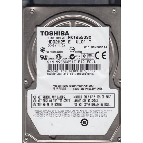  MK1655GSX, B0/FG011J, HDD2H25 E UL01 T, Toshiba 160GB SATA 2.5 Hard Drive