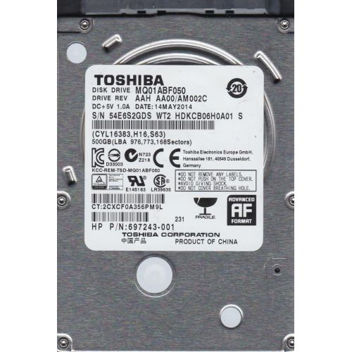  MQ01ABF050, AA00/AM002C, HDKCB06H0A01 S, Toshiba 500GB SATA 2.5 Hard Drive