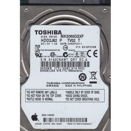  MK5065GSXF, HDD2J62 P TV02 T, Toshiba 500GB SATA 2.5 Hard Drive