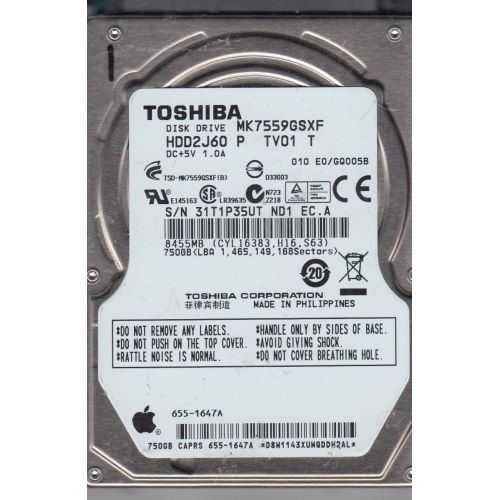  MK7559GSXF, E0/GQ005B, HDD2J60 P TV01 T, Toshiba 750GB SATA 2.5 Hard Drive