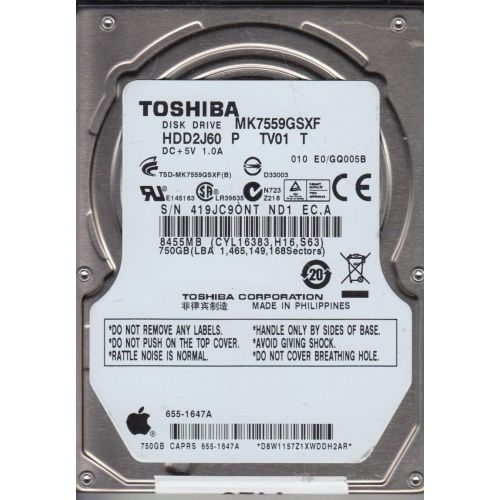  MK7559GSXF, E0/GQ005B, HDD2J60 P TV01 T, Toshiba 750GB SATA 2.5 Hard Drive