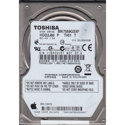  MK7559GSXF, E0/GQ005B, HDD2J60 P TV01 T, Toshiba 750GB SATA 2.5 Hard Drive