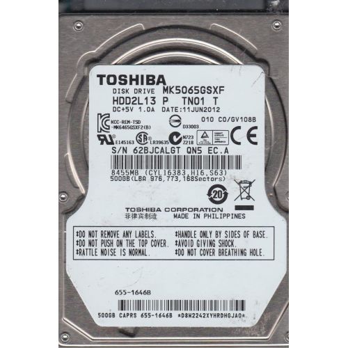  -Toshiba MK5065GSXF 500 GB SATA 2.5-inch Internal Hard Drive - 5400 RPM. Drive Only.