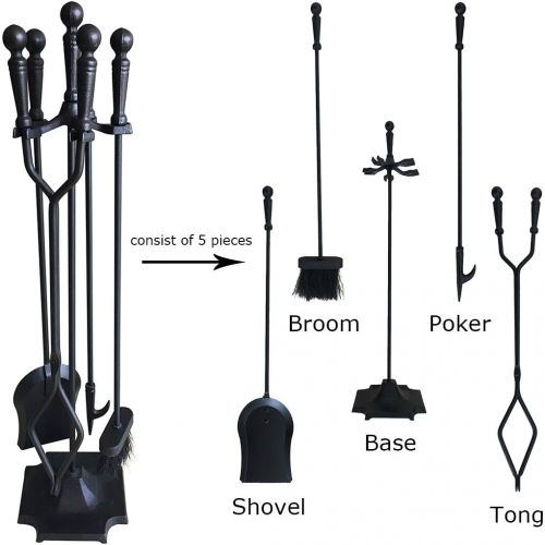  Tosnail 5 Pieces Wrought Iron Fireplace Tools Set - Brush, Shovel, Tong, Poker and Stand Base