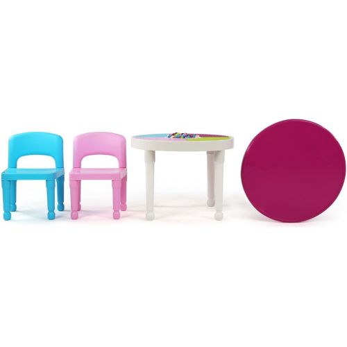 튜터 [아마존핫딜][아마존 핫딜] Tot Tutors Kids 2-in-1 Plastic Building Blocks-Compatible Activity Table and 2 Chairs Set, Round, Pink/Light Blue Colors