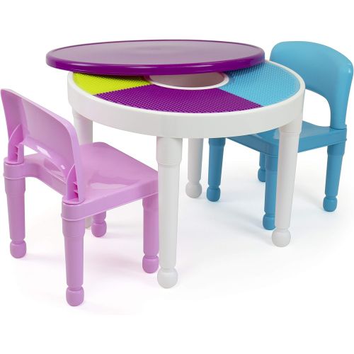 튜터 [아마존핫딜][아마존 핫딜] Tot Tutors Kids 2-in-1 Plastic Building Blocks-Compatible Activity Table and 2 Chairs Set, Round, Pink/Light Blue Colors