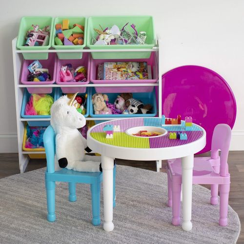 튜터 [아마존핫딜][아마존 핫딜] Tot Tutors Kids 2-in-1 Plastic Building Blocks-Compatible Activity Table and 2 Chairs Set, Round, Pink/Light Blue Colors