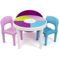 [아마존베스트]Tot Tutors Kids 2-in-1 Plastic Building Blocks-Compatible Activity Table and 2 Chairs Set, Round, Pink/Light Blue Colors