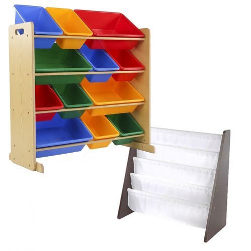튜터 Tot Tutors Bundle Includes 2 Items Kids Toy Storage Organizer with 12 Plastic Bins, Natural/Primary (Primary Collection) and Kids Book Rack Storage Bookshelf, Espresso/White