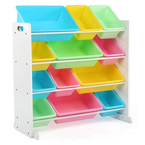 튜터 Tot Tutors Bundle Includes 2 Items Kids Toy Storage Organizer with 12 Plastic Bins, WhitePastel (Pastel Collection) and Kids Book Rack Storage Bookshelf, WhitePastel (Pastel