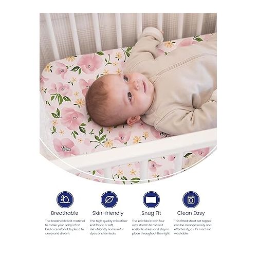  Graco Pack and Play Sheets Fitted, TotAha Buttery Soft Mini Crib Sheets Girl, Floral Pack N Play Mattress Sheets Hypoallergenic, Premium Jersey Playrad Sheets, Meredith Allover & Pale Pink, 2 Pack