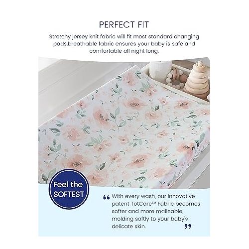 TotAha Premium Stretchy Changing Pad Covers (2-Pack) Hypoallergenic, Silky Comfort, Buttery Soft, Calming Effect, All-Season Jersey-Knit 5'' Deep Pocket(Meredith Allover Floral & Pale Pink Flowers)