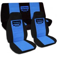 Totally Covers 1997-2006 Jeep Wrangler TJ Two-Tone Grill Seat Covers w Your Name/Text: Black & Light Blue - Full Set: Front & Rear (21 Colors) 1998 1999 2000 2001 2002 2003 2004 2005 Complete