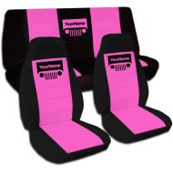 Totally Covers 1997-2006 Jeep Wrangler TJ Two-Tone Grill Seat Covers w Your Name/Text: Black & Hot Pink - Full Set: Front & Rear (21 Colors) 1998 1999 2000 2001 2002 2003 2004 2005 Complete Bench