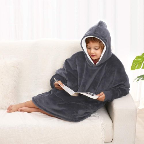  [아마존베스트]Touchat Wearable Blanket Hoodie, Oversized Sherpa Blanket Sweatshirt with Hood Pocket and Sleeves, Super Soft Warm Comfy Plush Hooded Blanket for Kids, One Size Fits All (Grey)