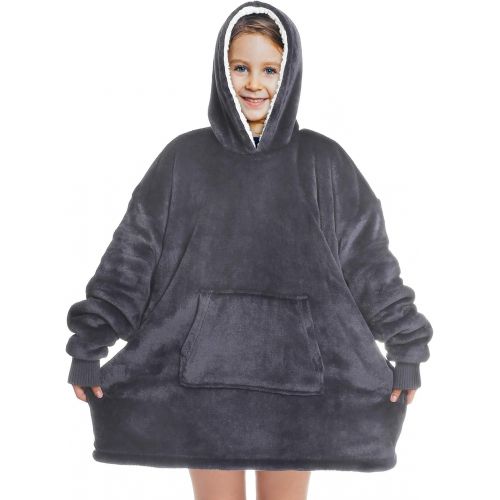  [아마존베스트]Touchat Wearable Blanket Hoodie, Oversized Sherpa Blanket Sweatshirt with Hood Pocket and Sleeves, Super Soft Warm Comfy Plush Hooded Blanket for Kids, One Size Fits All (Grey)