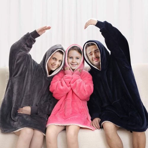  [아마존베스트]Touchat Wearable Blanket Hoodie, Oversized Sherpa Blanket Sweatshirt with Hood Pocket and Sleeves, Super Soft Warm Comfy Plush Hooded Blanket for Kids, One Size Fits All (Grey)