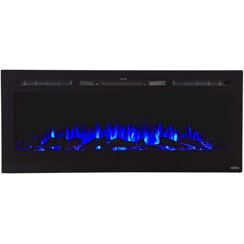  Touchstone 80004 The Sideline Electric Fireplace 50 Inch Wide in Wall Recessed 5 Flame Settings Realistic 3 Color Flame 1500/750 Watt Heater (Black) Log & Crystal H