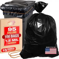 Tougher Goods Heavy Duty Black Trash Bags ? 95 Gallon Garbage Can Liner for Garbage, Storage, Yard Waste, Construction and Commercial Use - 1.2 Mil Thick 61 x 68 with 30” Rubber Bands by Tougher