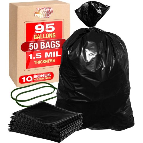  Tougher Goods Heavy Duty Black Trash Bags ? 95 Gallon Garbage Can Liner for Garbage, Storage, Yard Waste, Construction and Commercial Use - 1.5 Mil Thick 61 x 68 with 30” Rubber Bands (50)