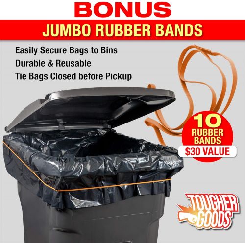  Tougher Goods Heavy Duty Black Trash Bags ? 95 Gallon Garbage Can Liner for Garbage, Storage, Yard Waste, Construction and Commercial Use - 1.5 Mil Thick 61 x 68 with 30” Rubber Bands (50)