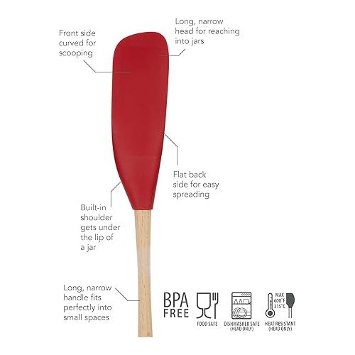  Tovolo Flex-Core Long-Handled Silicone Jar Scraper Spatula, Wood Handle, Heat-Resistant Silicone Head With Curved Front for Scooping & Scraping, Dishwasher-Safe & BPA-Free