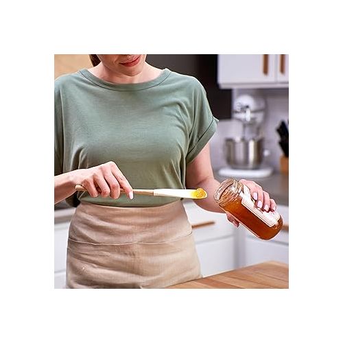  Tovolo Flex-Core Long-Handled Silicone Jar Scraper Spatula, Wood Handle, Heat-Resistant Silicone Head With Curved Front for Scooping & Scraping, Dishwasher-Safe & BPA-Free, White