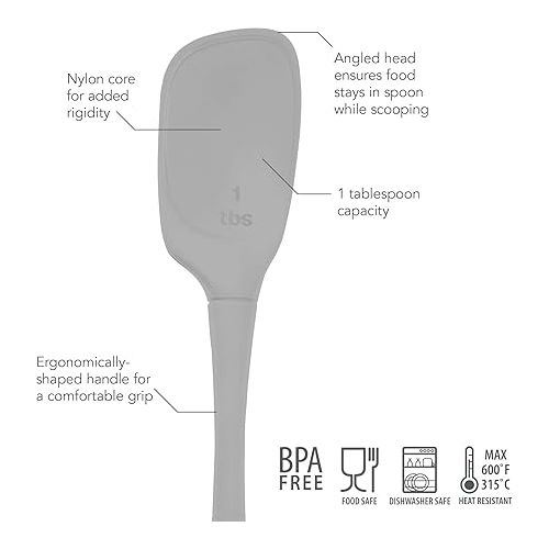  Tovolo Flex-Core All Silicone Deep Spoon with Angled Head & Measuring Marking Perfect for Cooking & Baking, Heat-Resistant & BPA-Free, Dishwasher-Safe, Oyster Gray