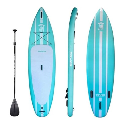  TOWER Inflatable 10’4” Stand Up Paddle Board - (6 Inches Thick) - Universal SUP Wide Stance - Premium SUP Bundle (Pump & Adjustable Paddle Included) - Non-Slip Deck - Youth and Adult