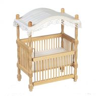 Town Square Miniatures Dolls House Oak Wooden Cot Crib with Canopy Miniature Nursery Baby Furniture