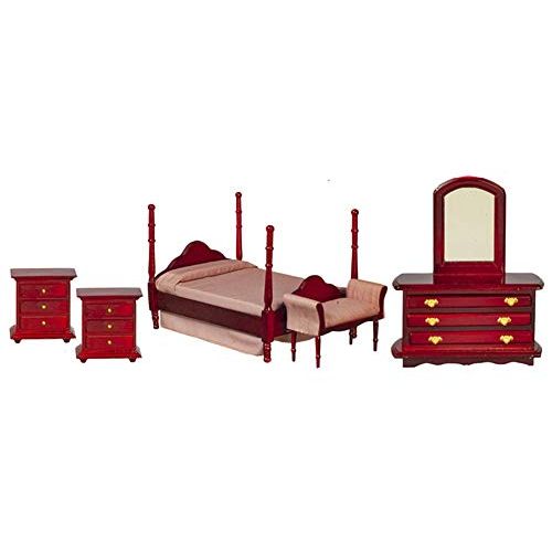  Town Square Miniatures Dolls House Mahogany 4 Poster Double Bed 5 Piece Set Miniature Bedroom Furniture