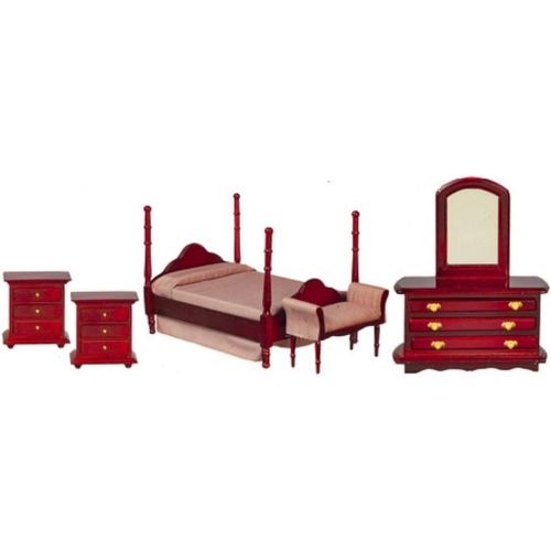  Town Square Miniatures Dolls House Mahogany 4 Poster Double Bed 5 Piece Set Miniature Bedroom Furniture