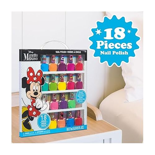  Townley Girl Disney Minnie Mouse Non-Toxic Peel-Off Nail Polish Set for Girls, Glittery and Opaque Colors,18 Pcs|Perfect for Parties Sleepovers Makeovers| Birthday Gift for Girls 3 Yrs+