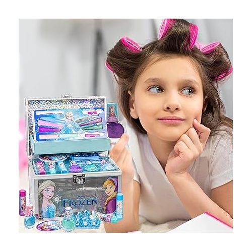  Disney Frozen Train Case Girls Beauty Set, Kids Makeup Kit for Girls, Real Washable Toy Makeup Set, Frozen Gift, Play Makeup, Pretend Play, Party Favor, Birthday, Toys Ages 3 4 5 6 7 8 9 10 11 12