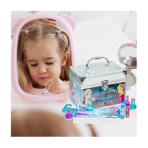 Disney Frozen Train Case Girls Beauty Set, Kids Makeup Kit for Girls, Real Washable Toy Makeup Set, Frozen Gift, Play Makeup, Pretend Play, Party Favor, Birthday, Toys Ages 3 4 5 6 7 8 9 10 11 12